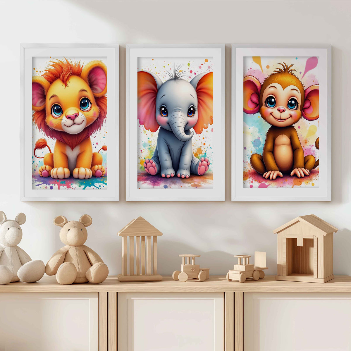 Nursery Wall Art Decor – Lion, Elephant & Monkey Print Set